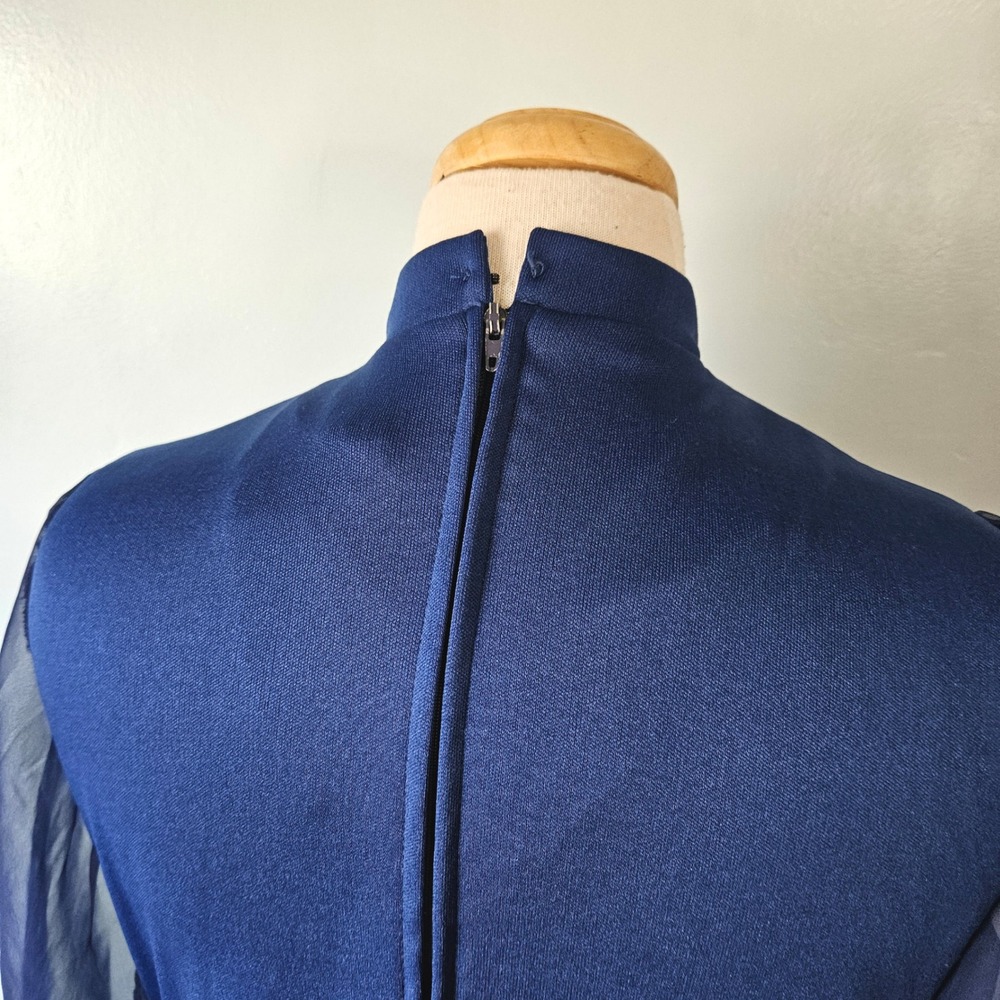 Vtg 1970s Femme of Dallas Royal Blue Shift Column Dress Sheer Chiffon Sleeve M - Picture 6 of 9
